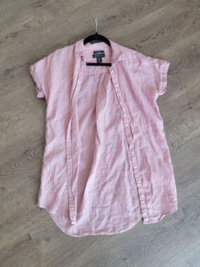 Tahari Red White Striped Linen Button-Up Shirt Tunic Dress